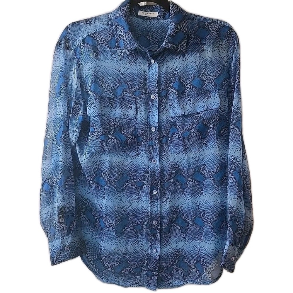 Equipment Femme Printed Signature Blouse Parisian Blue Sheer Long Sleeve Small
